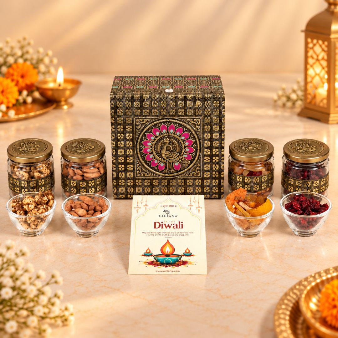 Diwali Dry Fruit Box 4 Jar Peacock Meenakari with Cashews and Cranberry