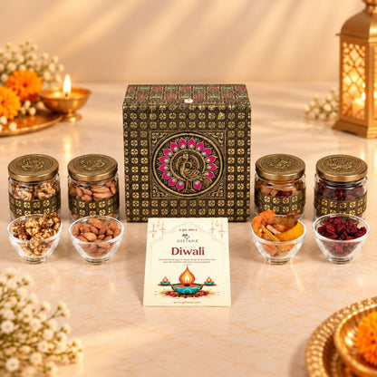 Diwali Dry Fruit Box 4 Jar Peacock Meenakari with Cashews and Cranberry