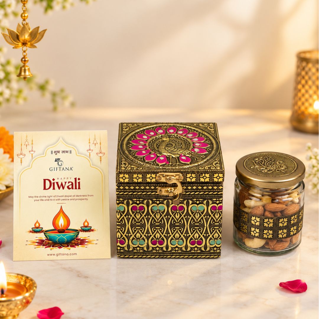Diwali Dry Fruit Box, Peacock Meenakari Jar with 100g Cashew Almond Mix