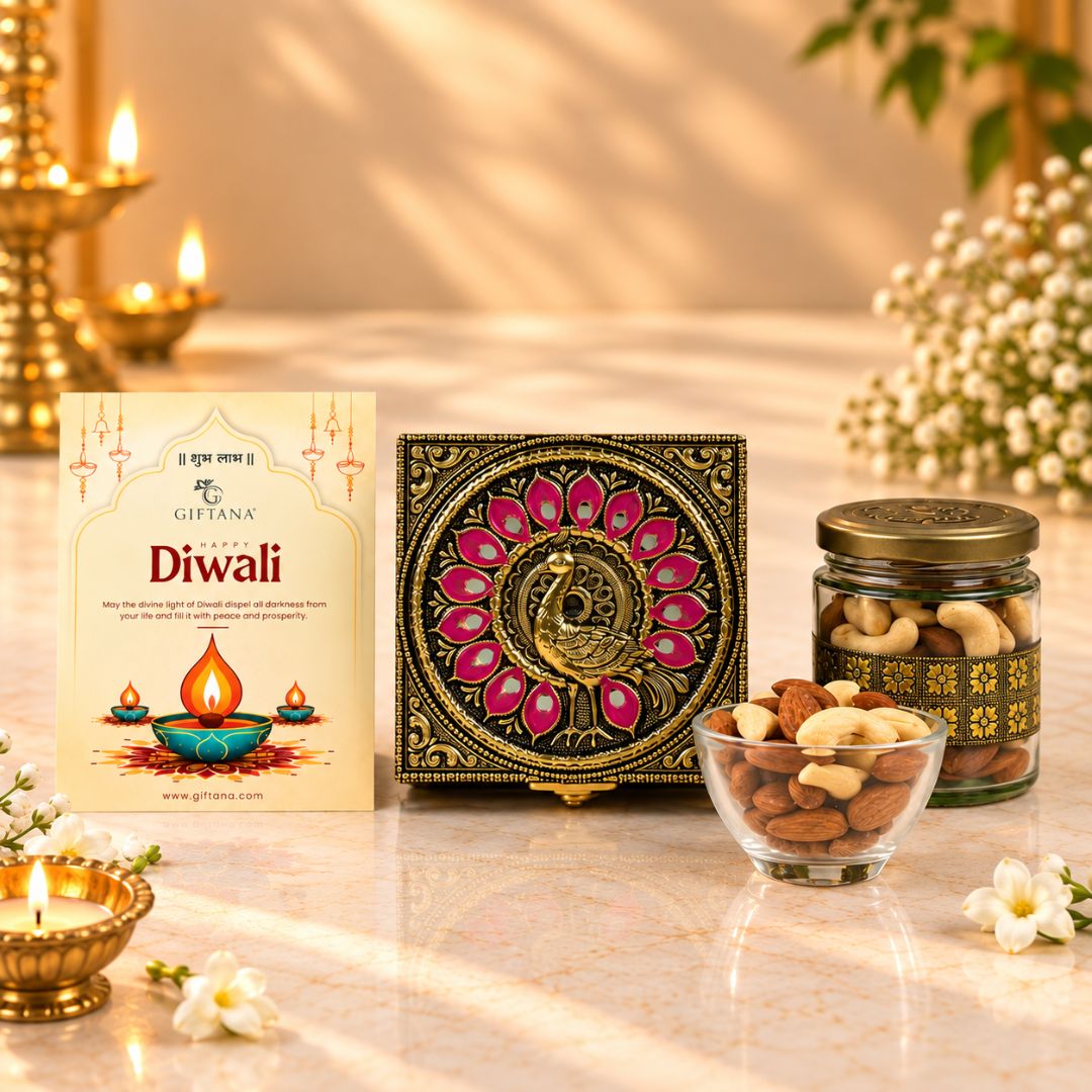 Diwali Dry Fruit Box, Peacock Meenakari Jar with 100g Cashew Almond Mix