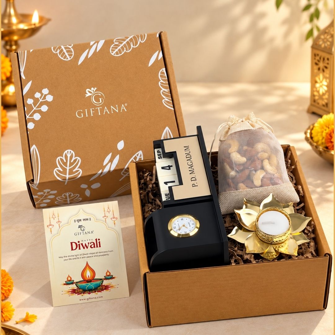 Diwali Dry Fruit Box with Desk Clock Organizer and Lotus Diya