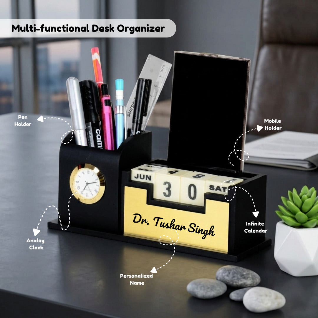 Diwali Dry Fruit Box with Desk Clock Organizer and Lotus Diya