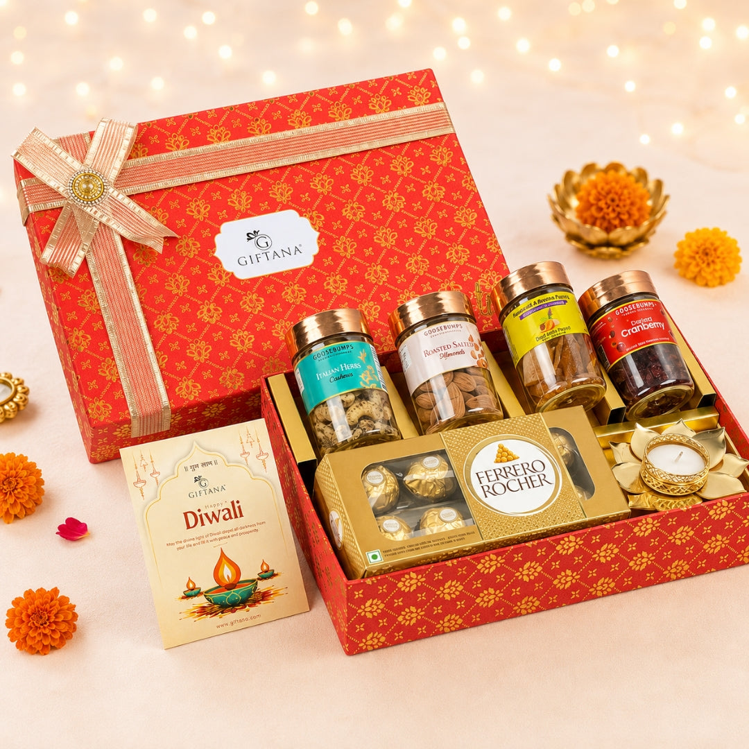 Diwali Dry Fruit Hamper with Ferrero Rocher, Masala Cranberry and Diya
