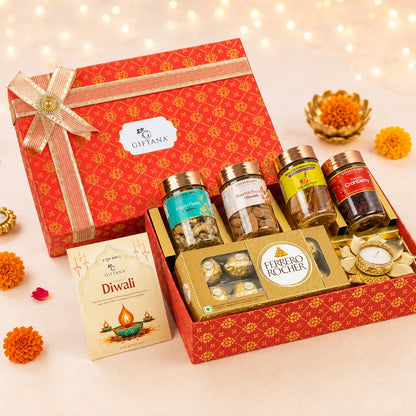 Diwali Dry Fruit Hamper with Ferrero Rocher, Masala Cranberry and Diya