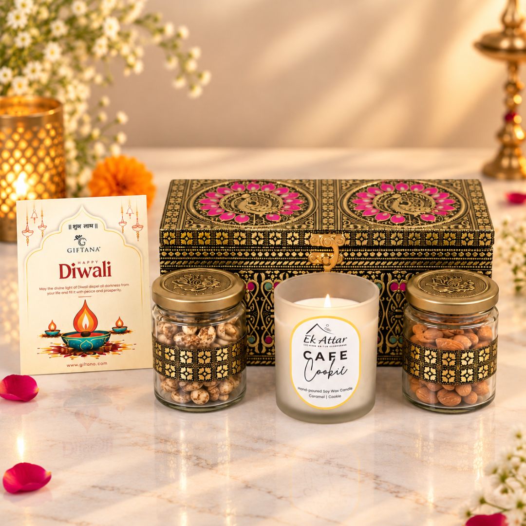 Diwali Dry Fruit Hamper with Scented Candle in Peacock Meenakari Box