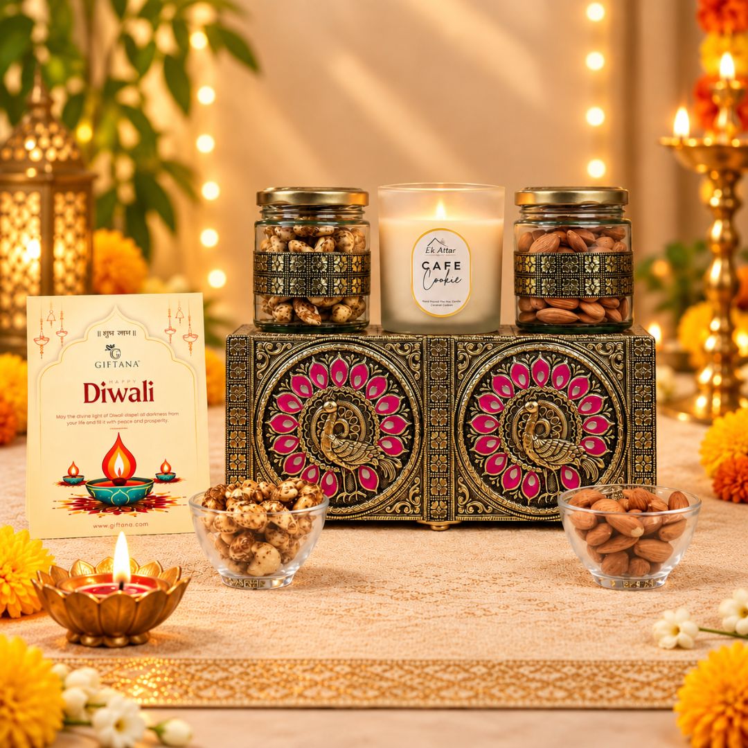 Diwali Dry Fruit Hamper with Scented Candle in Peacock Meenakari Box