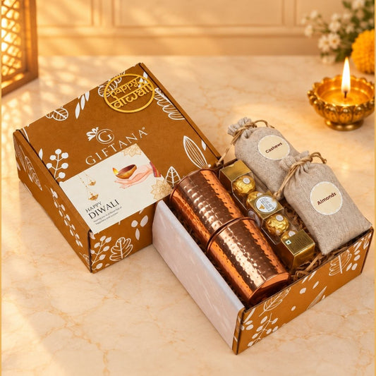 Diwali Gift Box with 2 Copper Glasses, Ferrero Rocher and Dry Fruits