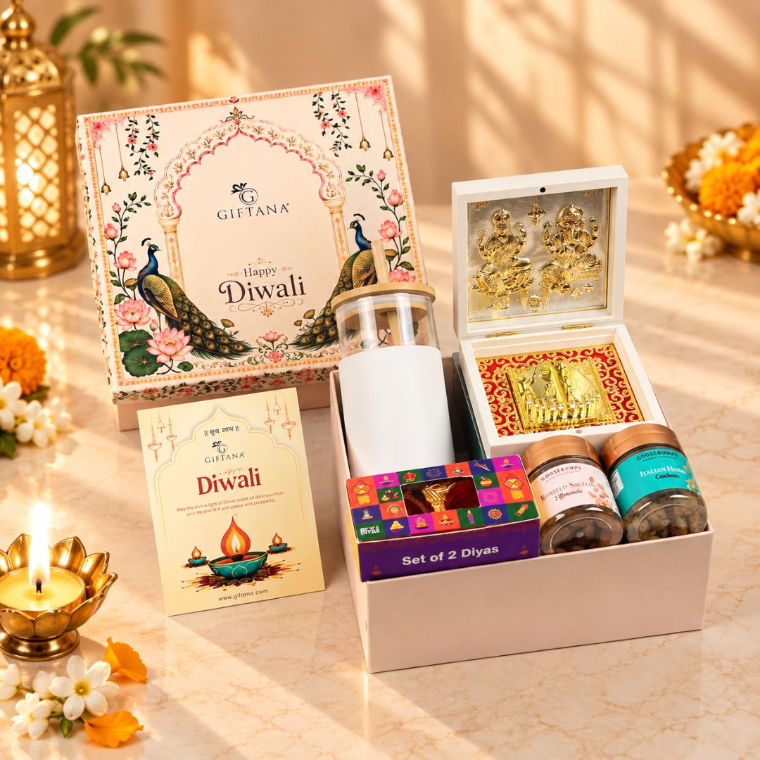Diwali Gift Box with 450ml Tumbler, Charan Paduka and Dry Fruits