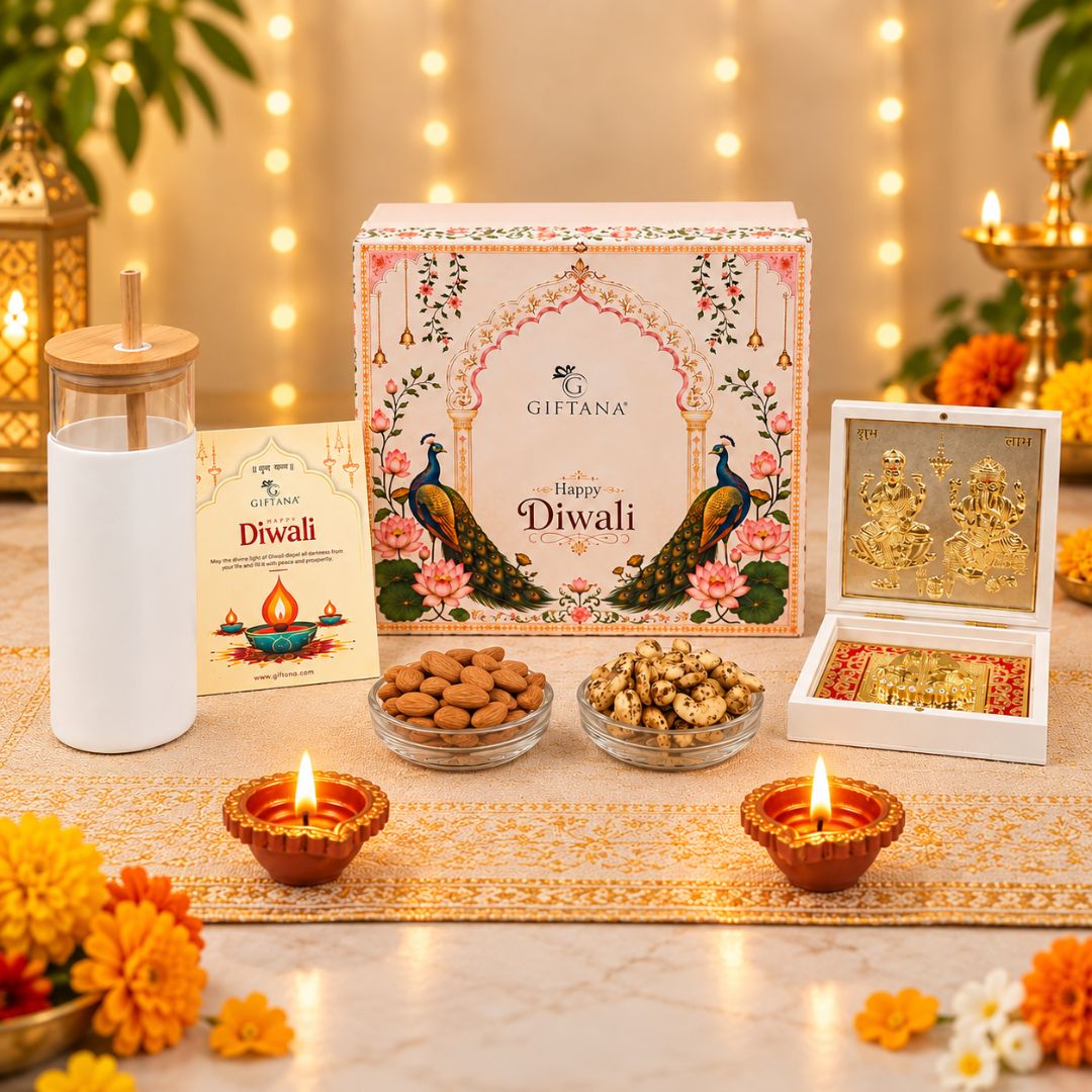 Diwali Gift Box with 450ml Tumbler, Charan Paduka and Dry Fruits