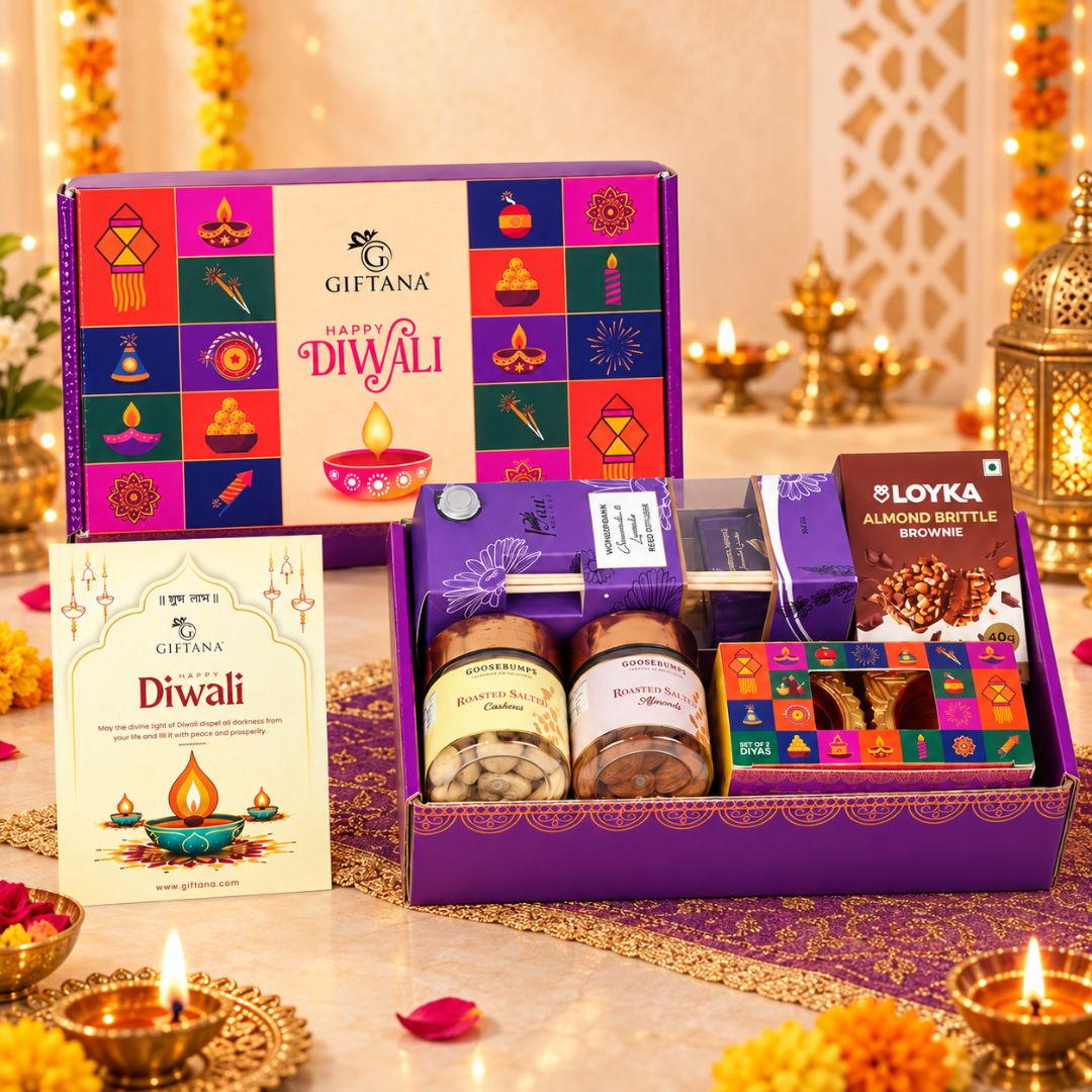 Diwali Gift Box with Chamomile Lavender Diffuser, Diyas and Nuts
