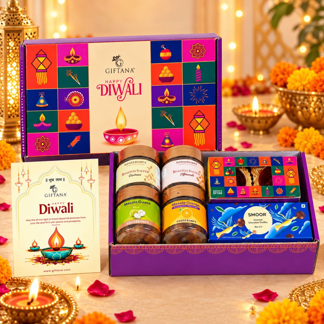 Diwali Gift Box with Diyas, Smoor Truffles and Masala Fruits