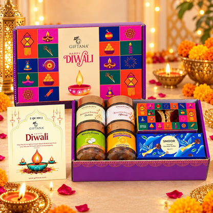 Diwali Gift Box with Diyas, Smoor Truffles and Masala Fruits