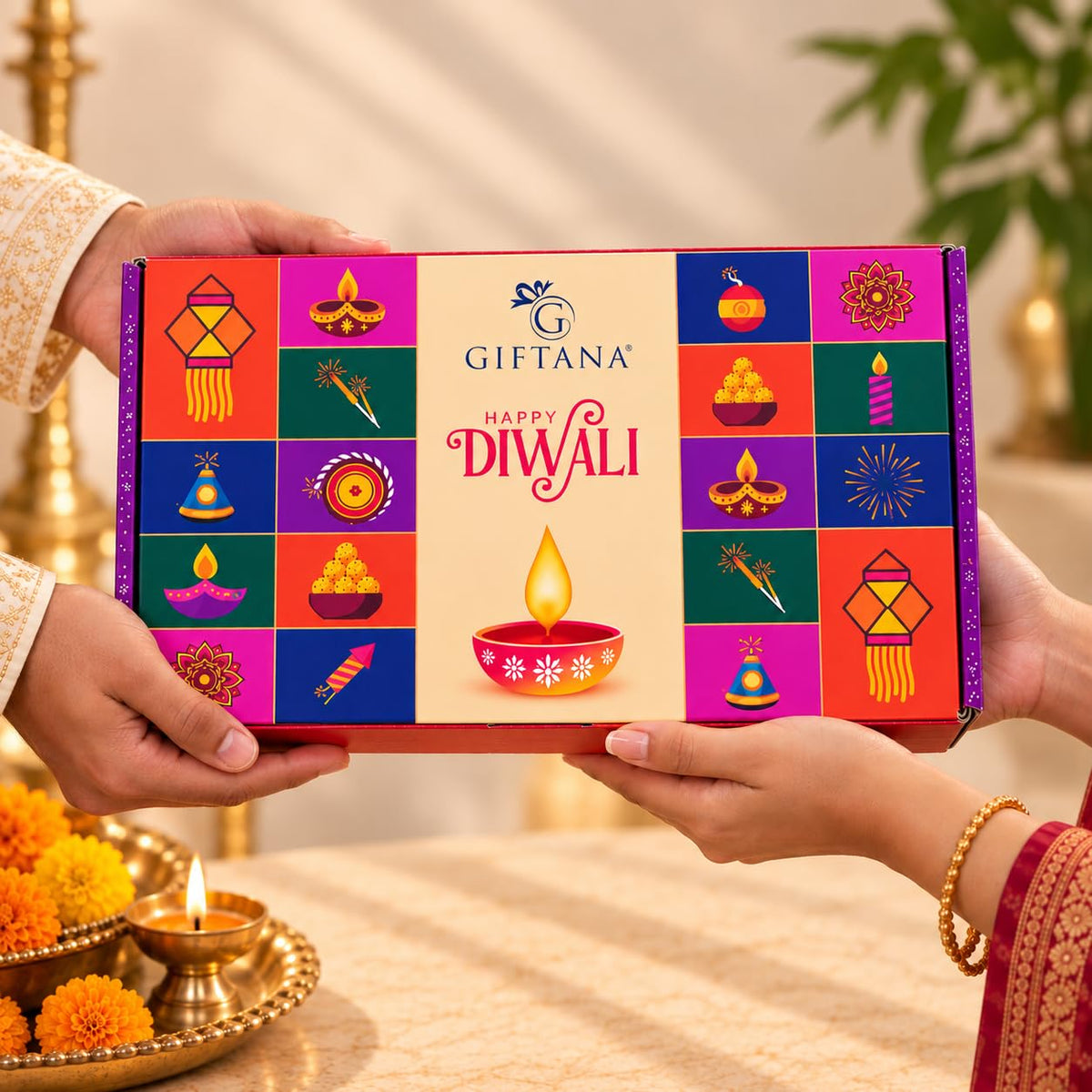 Diwali Gift Box with Diyas, Smoor Truffles and Masala Fruits