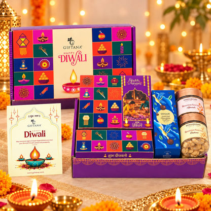 Diwali Gift Box with Toran, Rangoli Colours, Diyas and Roasted Nuts