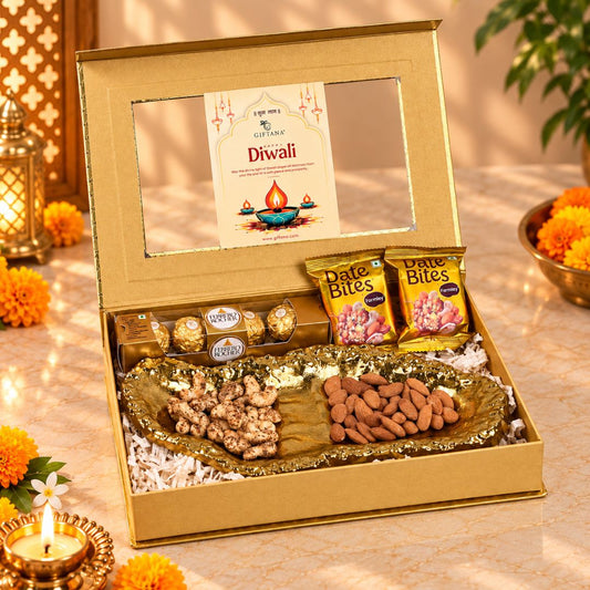 Diwali Gift Hamper for Clients with Gold Platter and Ferrero Rocher
