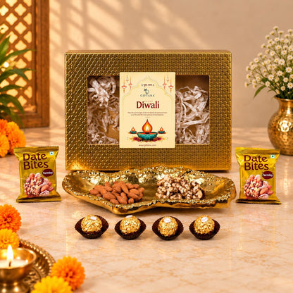 Diwali Gift Hamper for Clients with Gold Platter and Ferrero Rocher