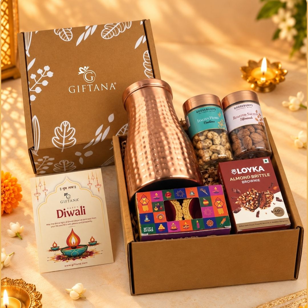 Diwali Gift Hamper for Employees with 1000ml Copper Pot and Dry Fruits