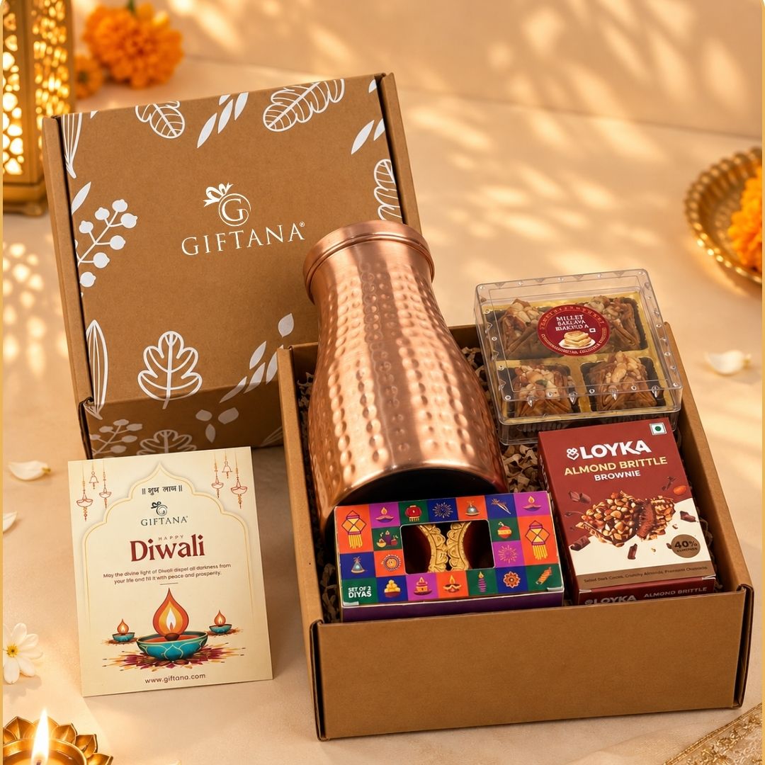 Diwali Gift Hamper for Staff with 1000ml Copper Pot and Millet Baklawa