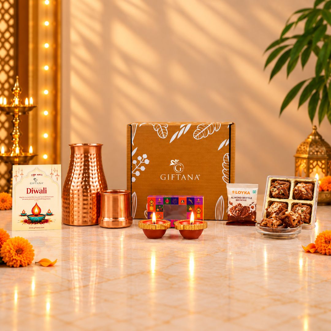 Diwali Gift Hamper for Staff with 1000ml Copper Pot and Millet Baklawa