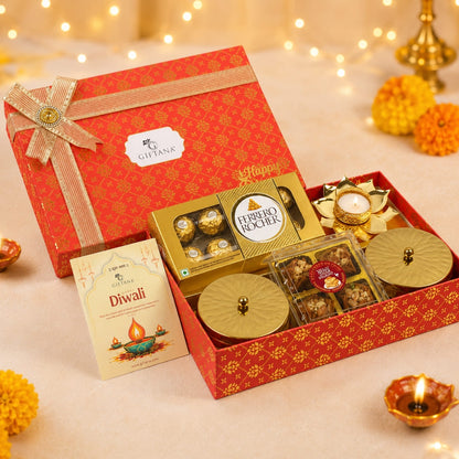 Diwali Gift Hamper with 8 Ferrero Rocher, Millet Baklawa and Lotus Diya