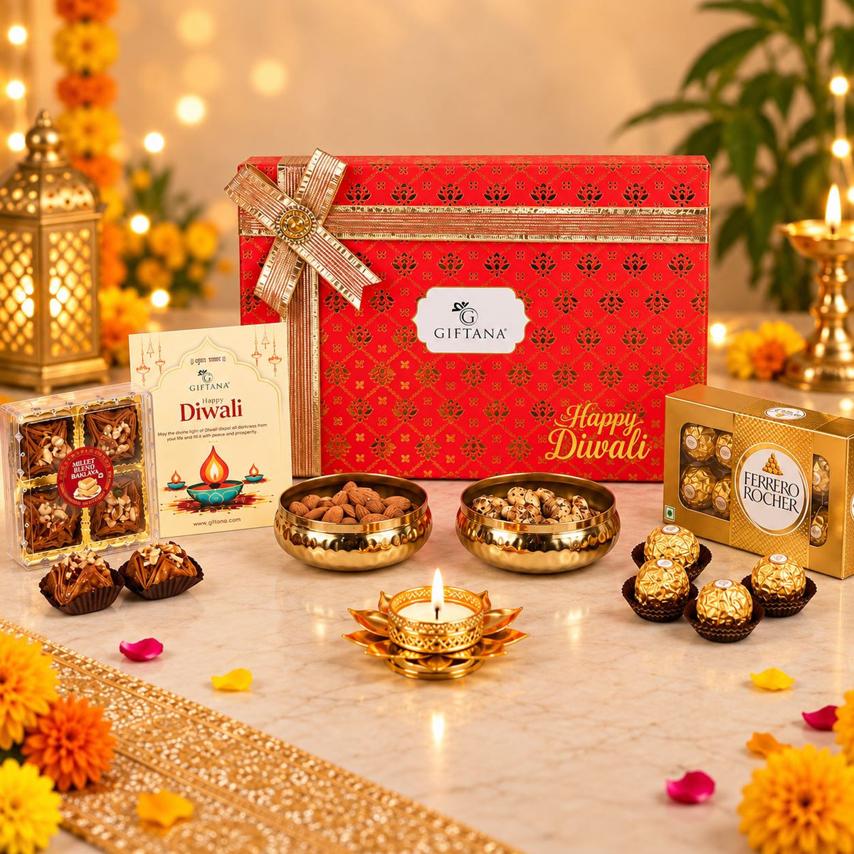Diwali Gift Hamper with 8 Ferrero Rocher, Millet Baklawa and Lotus Diya