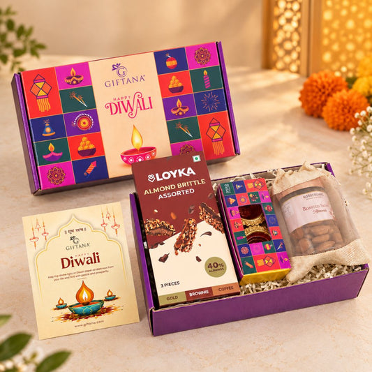 Diwali Gift Hamper with Almond Brittle, Roasted Salted Mix and Diyas