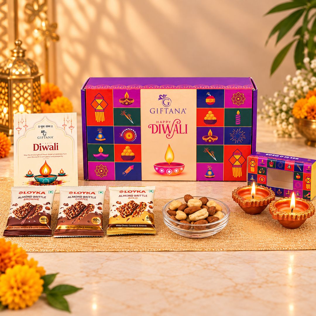 Diwali Gift Hamper with Almond Brittle, Roasted Salted Mix and Diyas