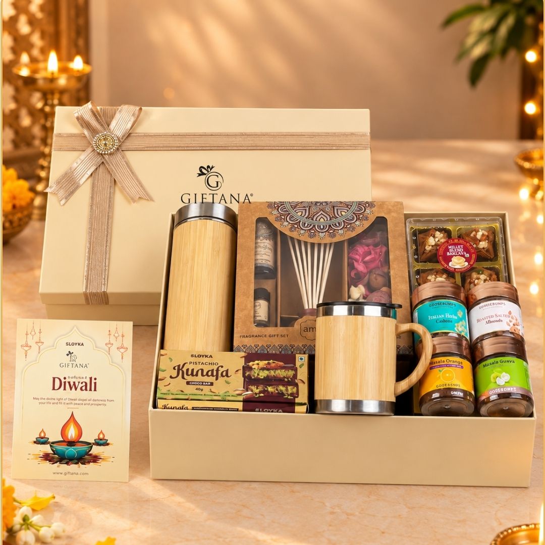 Diwali Gift Hamper with Bamboo Bottle, Bamboo Mug and Fragrance Set