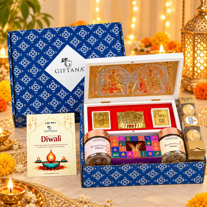 Diwali Gift Hamper with Big Laxmi Ganesh Charan, Ferrero and Dry Fruits