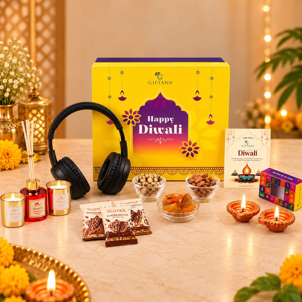 Diwali Gift Hamper with boAt Headphones, Reed Diffuser and Candle Set