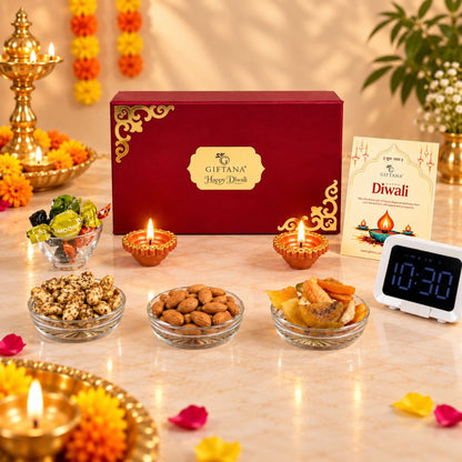 Diwali Gift Hamper with Clock Speaker, Truffles and Masala Fruits