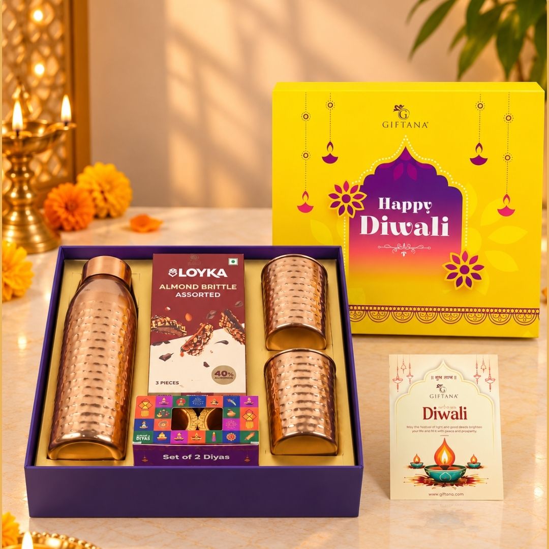 Diwali Gift Hamper with Copper Bottle, 2 Copper Glasses and Brittle