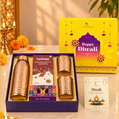 Diwali Gift Hamper with Copper Bottle, 2 Copper Glasses and Brittle