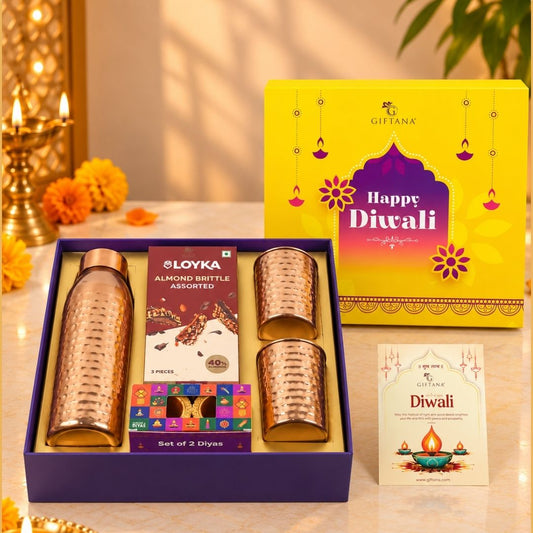 Diwali Gift Hamper with Copper Bottle, 2 Copper Glasses and Brittle