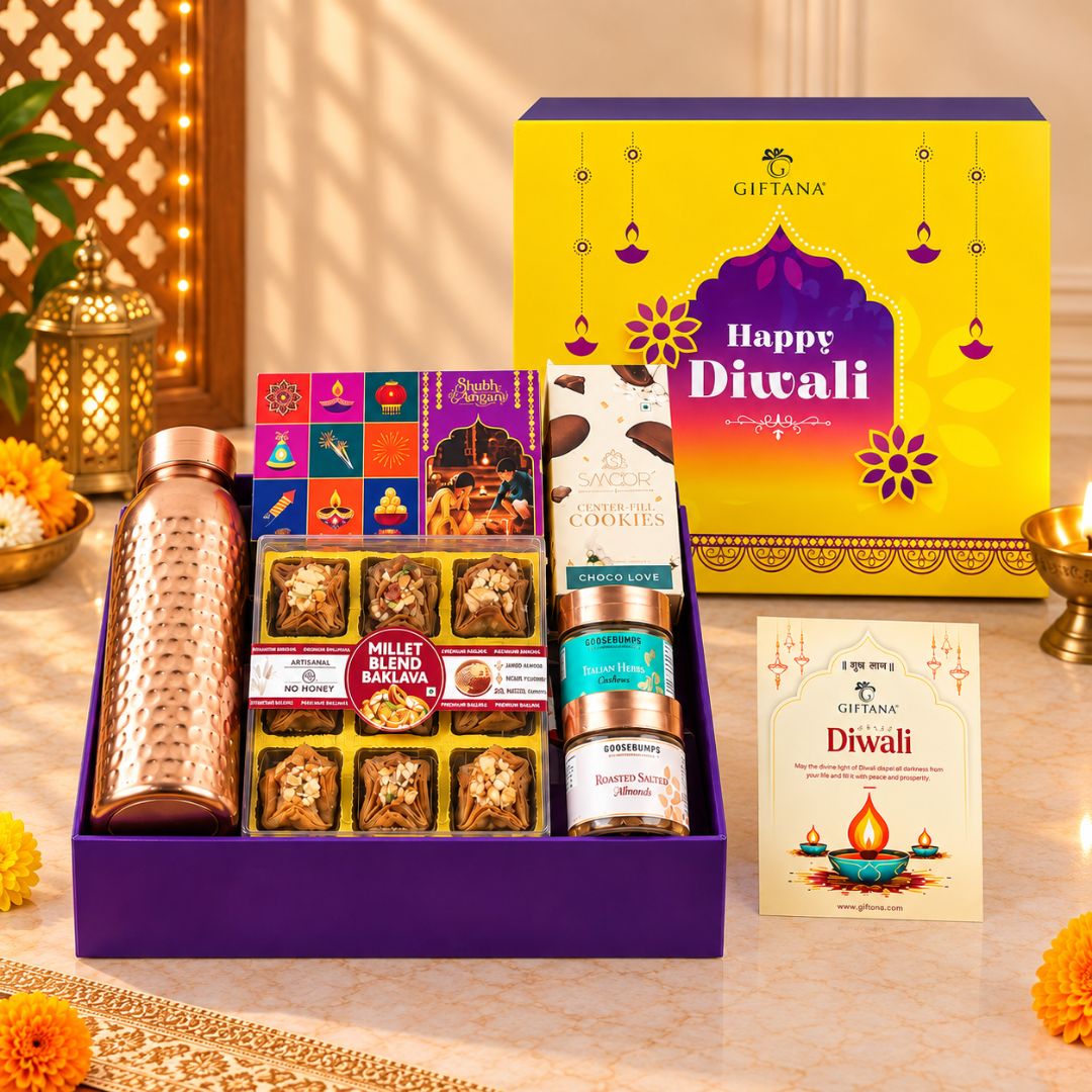 Diwali Gift Hamper with Copper Bottle, Baklawa and Smoor Cookies