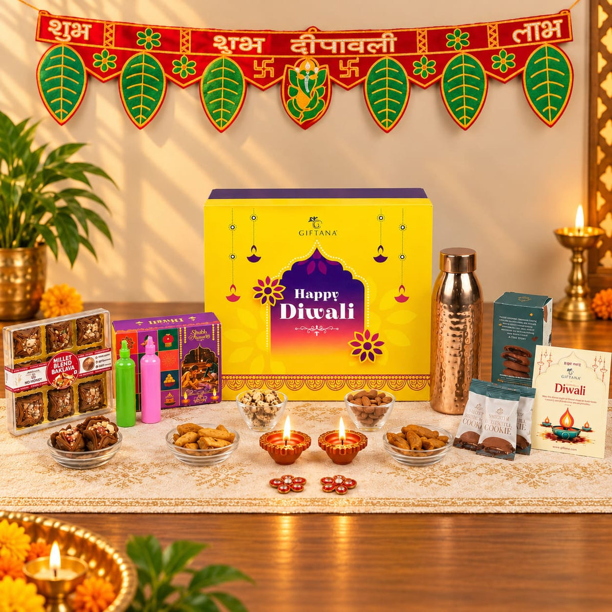 Diwali Gift Hamper with Copper Bottle, Baklawa and Smoor Cookies