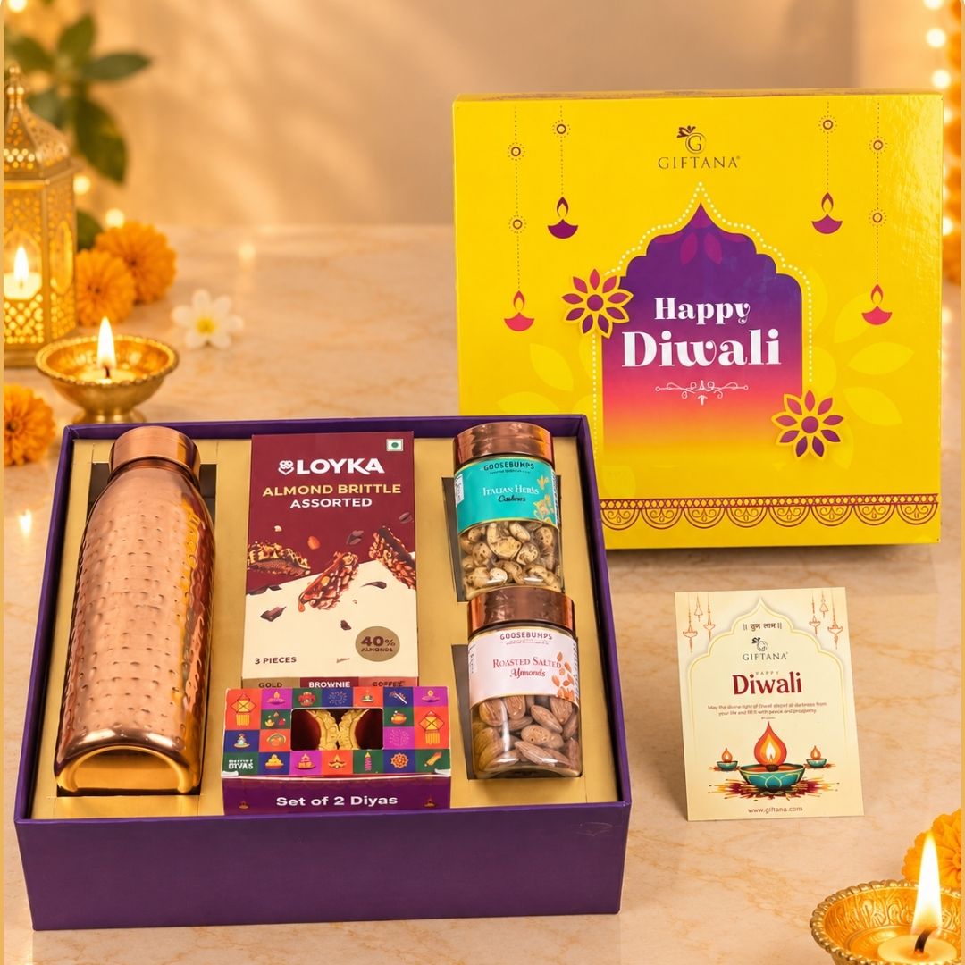 Diwali Gift Hamper with Copper Bottle, Herb Cashews and Almonds
