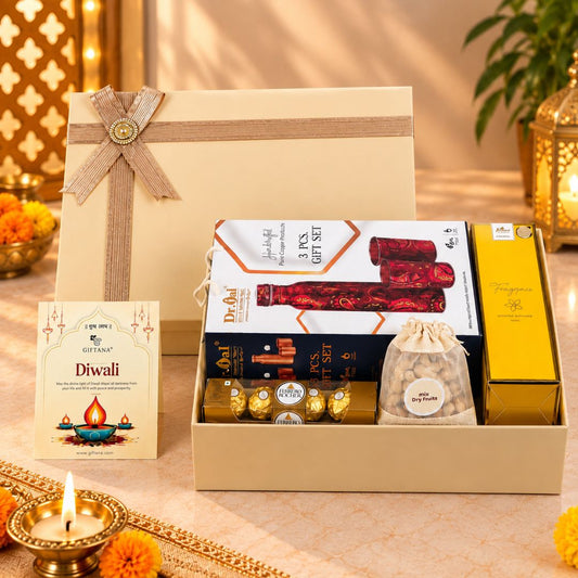 Diwali Gift Hamper with Copper Bottle Set, Diffuser and Ferrero Rocher