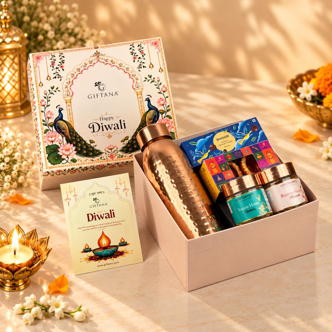 Diwali Gift Hamper with Copper Bottle, Smoor Truffles and Cashews