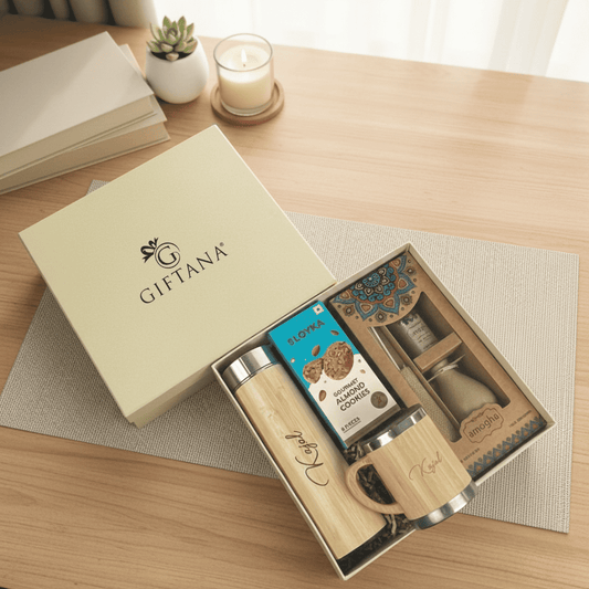 Diwali Gift Hamper with Engraved Bamboo Bottle, Mug and Loyka Cookies