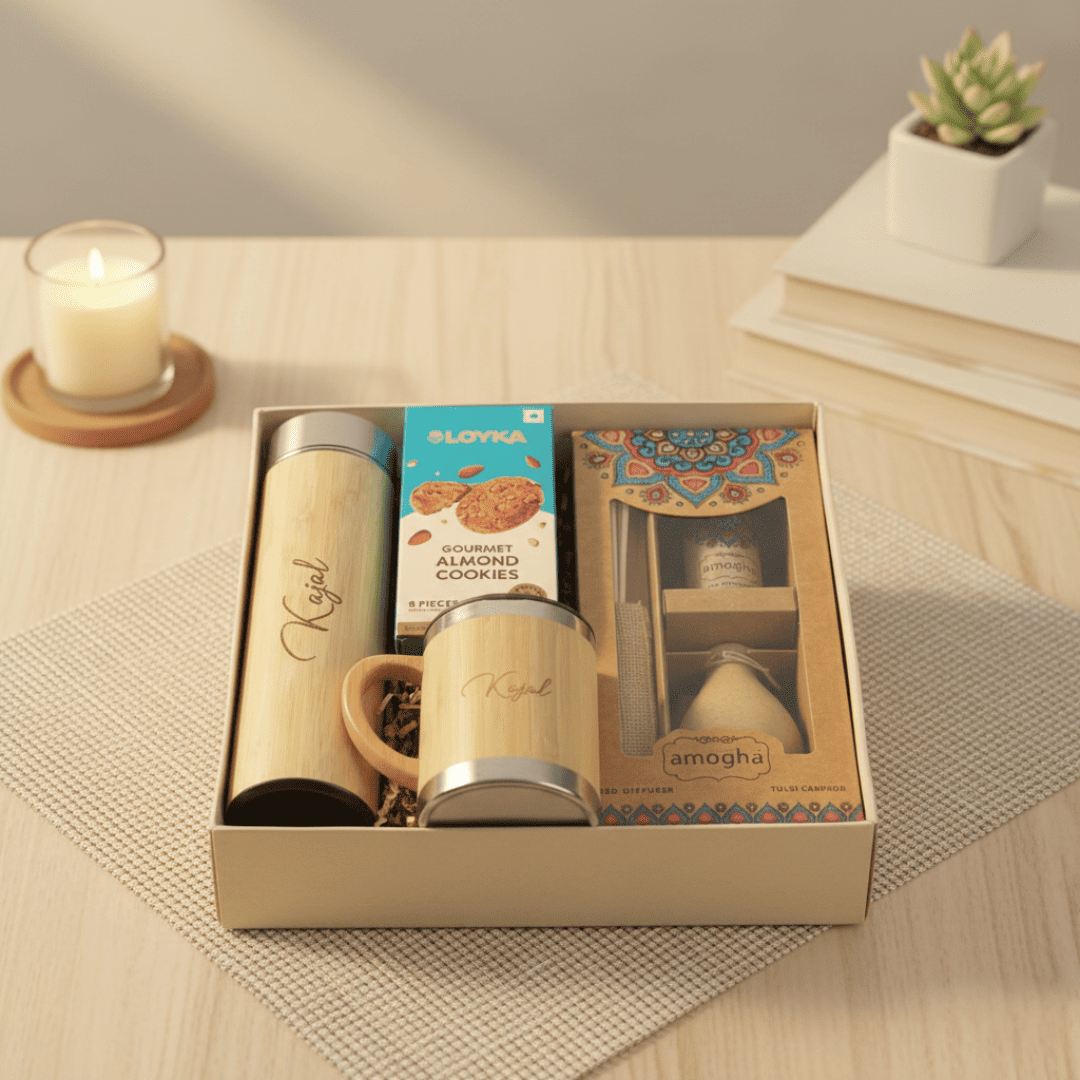 Diwali Gift Hamper with Engraved Bamboo Bottle, Mug and Loyka Cookies