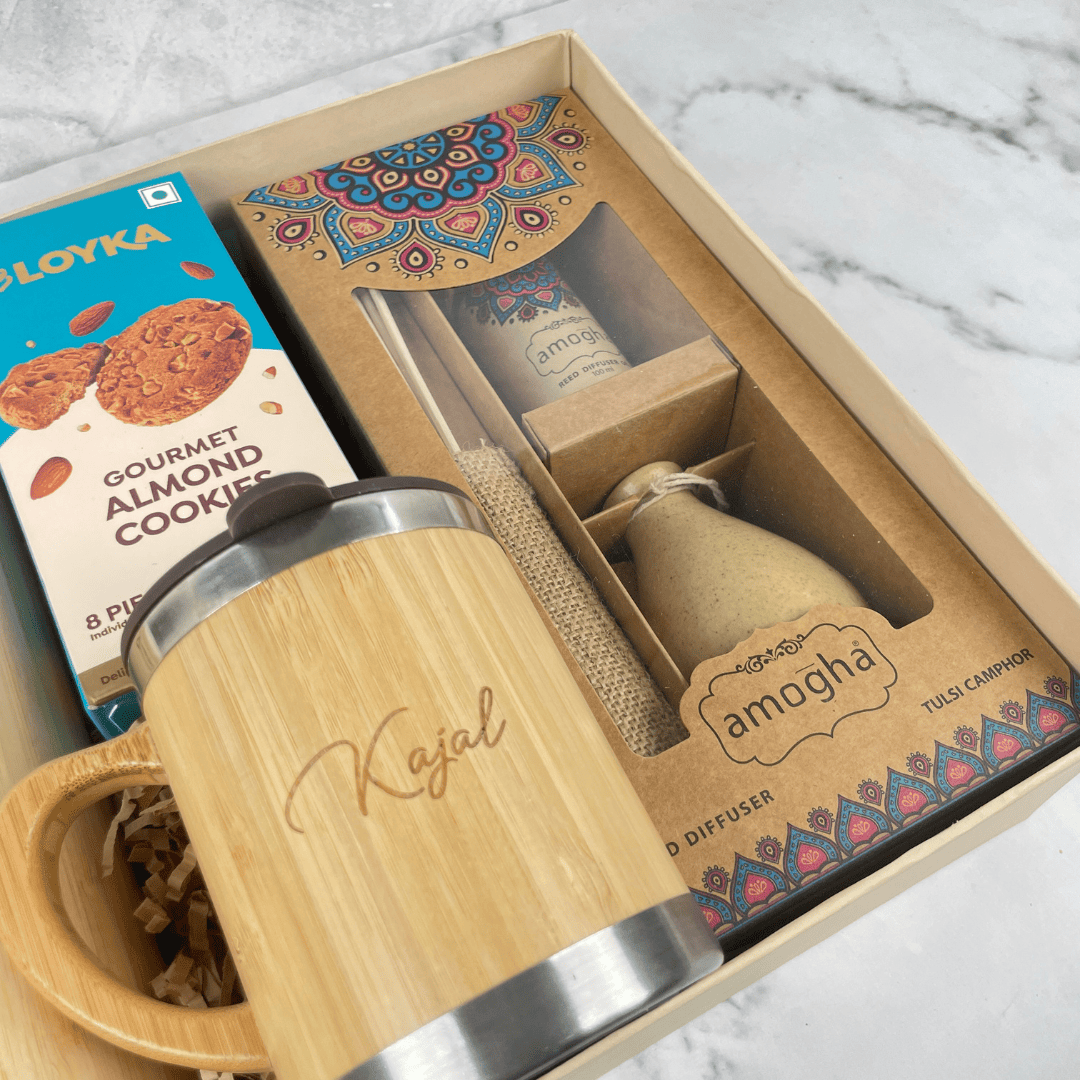 Diwali Gift Hamper with Engraved Bamboo Bottle, Mug and Loyka Cookies