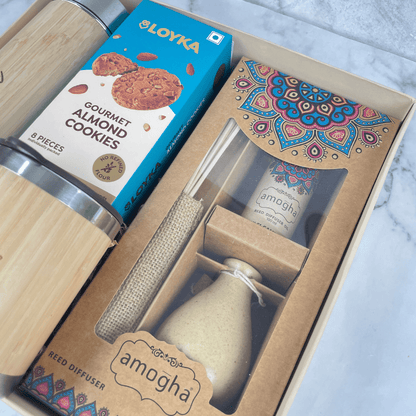 Diwali Gift Hamper with Engraved Bamboo Bottle, Mug and Loyka Cookies