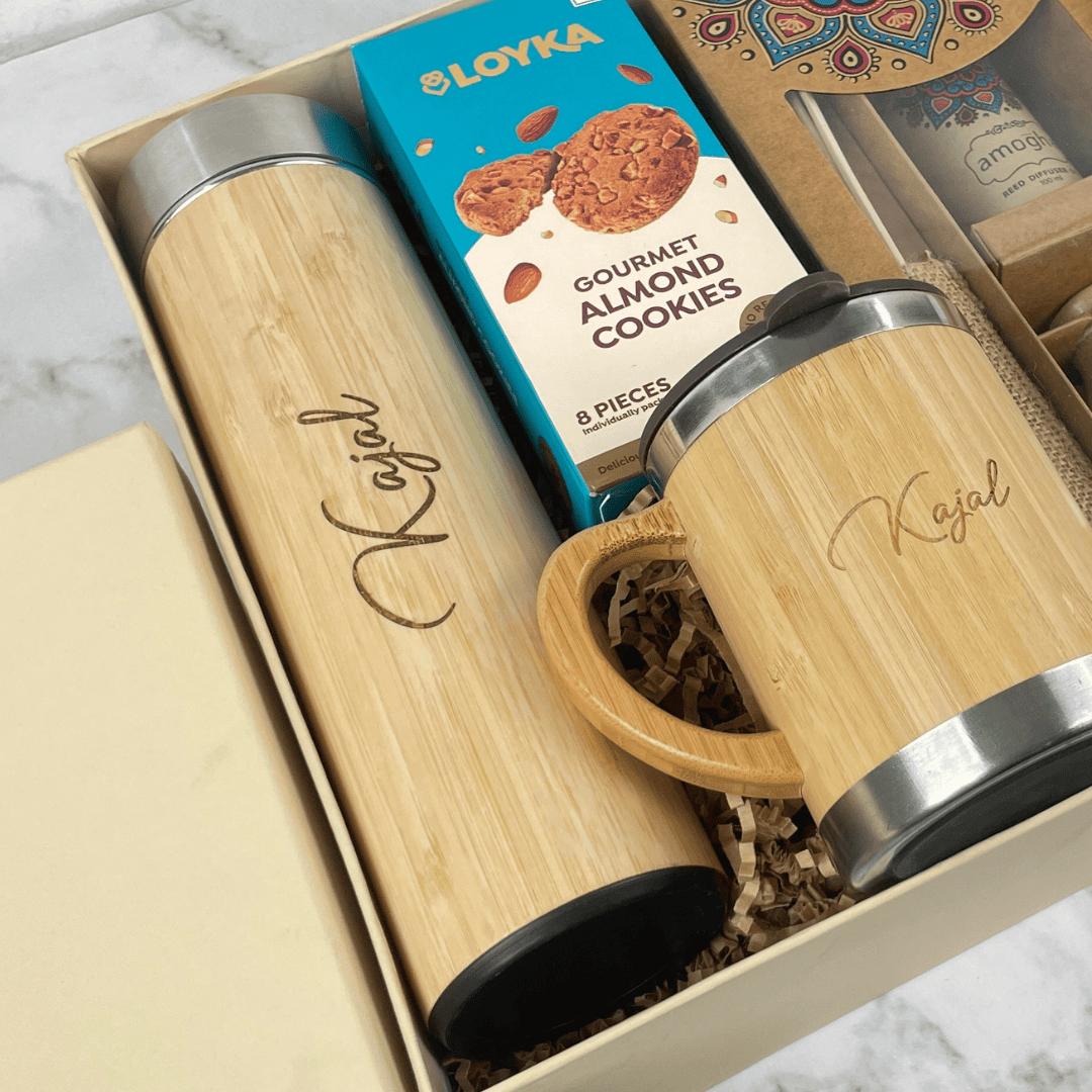Diwali Gift Hamper with Engraved Bamboo Bottle, Mug and Loyka Cookies