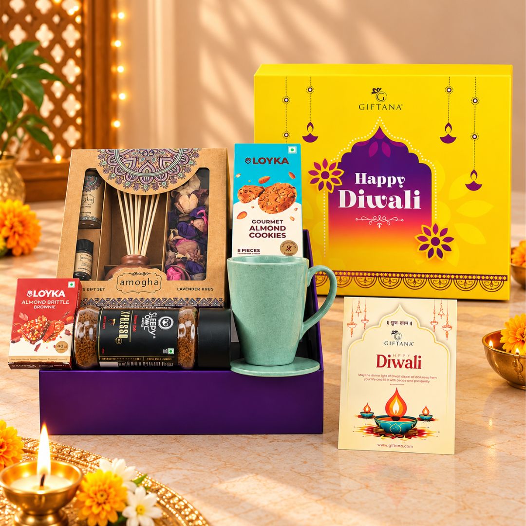 Diwali Gift Hamper with Fragrance Set, Coffee and Rice Husk Mug