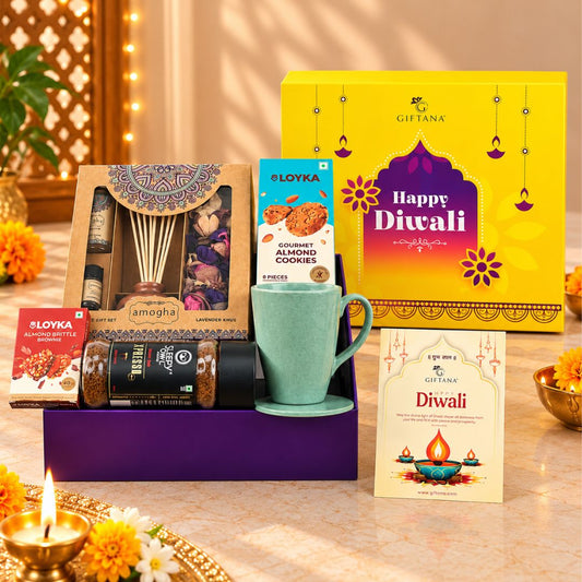 Diwali Gift Hamper with Fragrance Set, Coffee and Rice Husk Mug