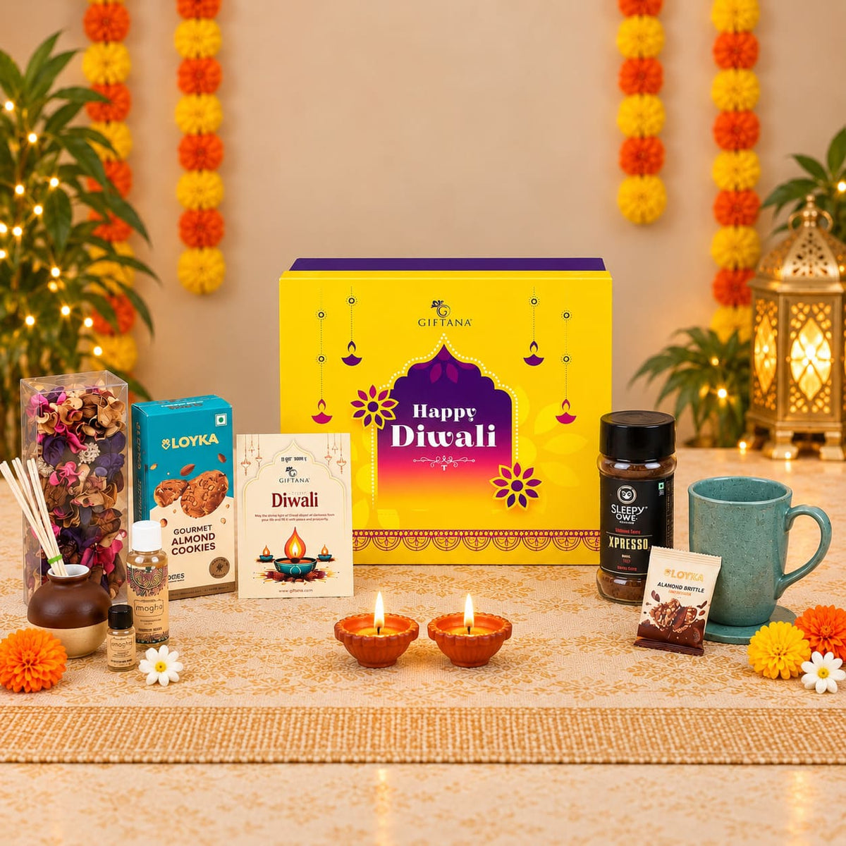 Diwali Gift Hamper with Fragrance Set, Coffee and Rice Husk Mug
