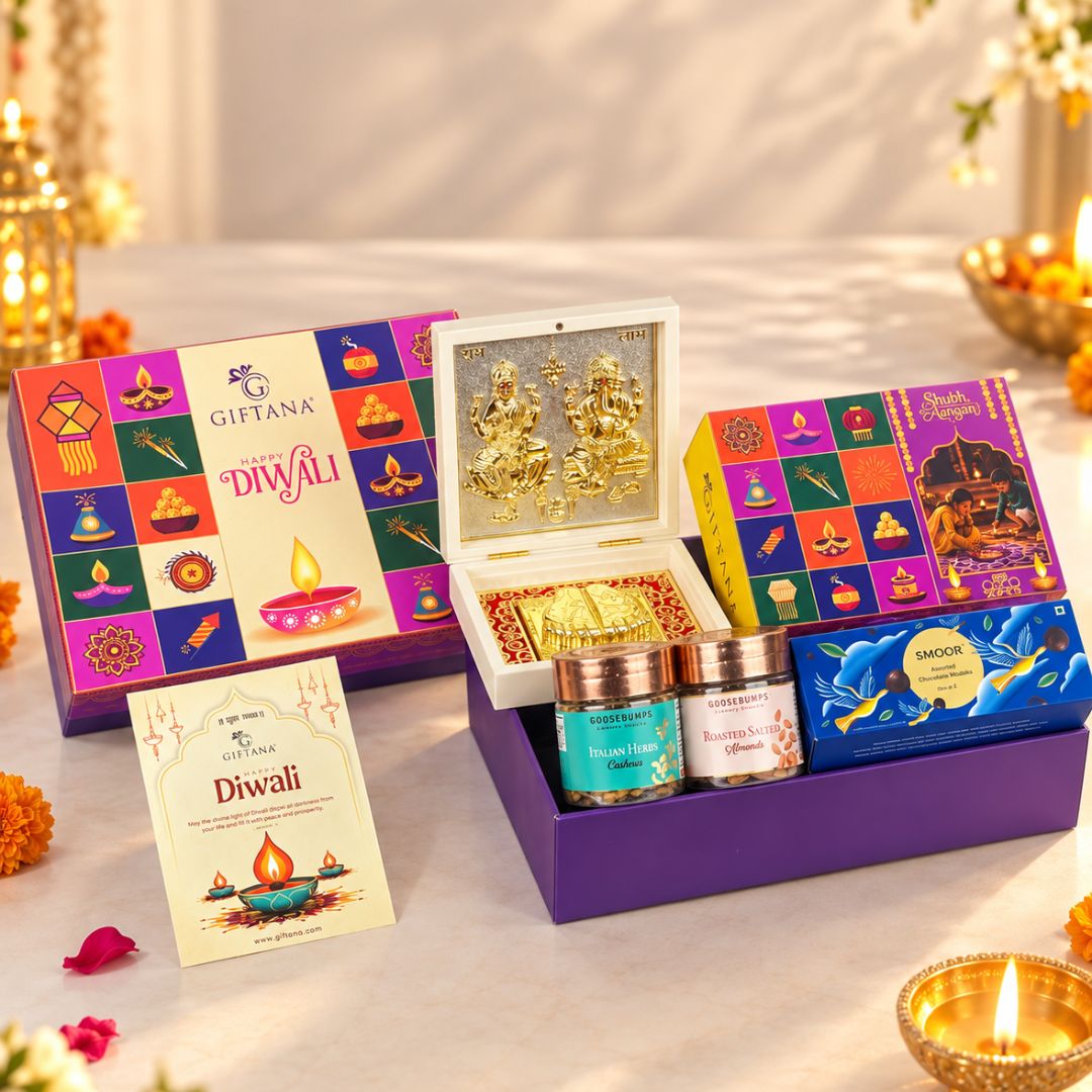 Diwali Gift Hamper with Laxmi Ganesh Charan Paduka and Dry Fruits