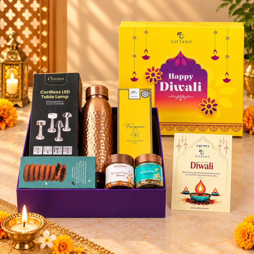 Diwali Gift Hamper with LED Lamp, Copper Bottle and Scented Diffuser