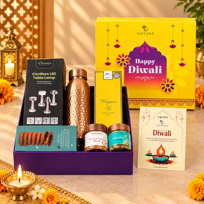 Diwali Gift Hamper with LED Lamp, Copper Bottle and Scented Diffuser